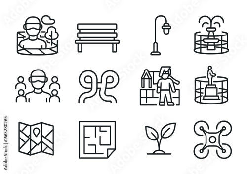 VR Architect Icons. Outline icon set of VR architects for public spaces: park hologram, bench icon, street