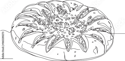 Monochrome line art of za'atar bread loaf, detailed food illustr