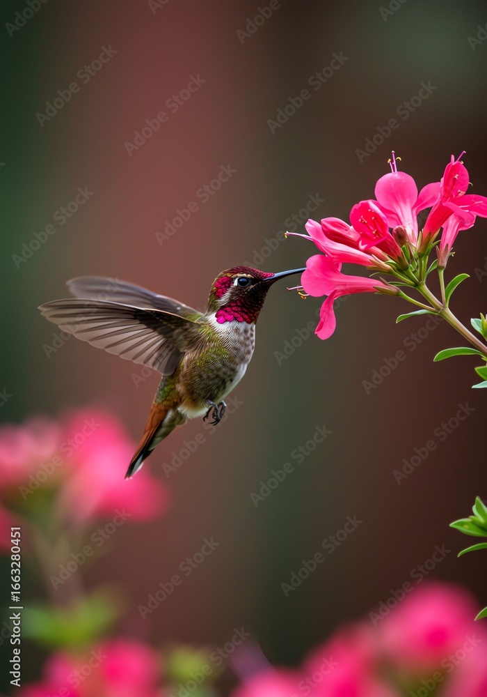 Naklejka premium Hummingbird Feeding on Pink Flower in Natural Garden Setting