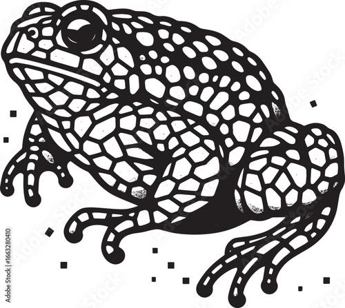 Detailed Black and White Illustration of a Frog with Textured Skin and Intricate Details