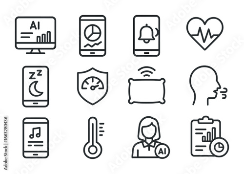 AI Sleep Optimization Icons. Outline icon set of AI sleep optimization: AI dashboard, sleep data analytics,