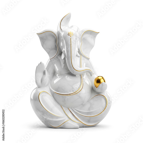 Elegant White Marble Ganesha Statue with Golden Accents on Isolated White Background