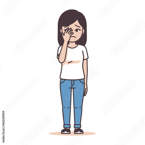 Exhausted and Overwhelmed: A young woman conveys a sense of fatigue and stress, hand covering her eye in a visual expression of emotional struggle and despondency.