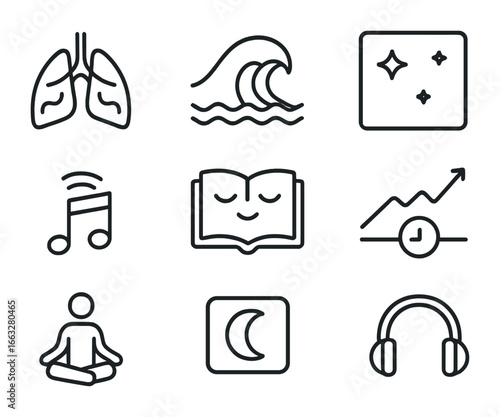 Meditation App Icons. Outline icon set of meditation and sleep apps: breathing exercise guide, ocean wave