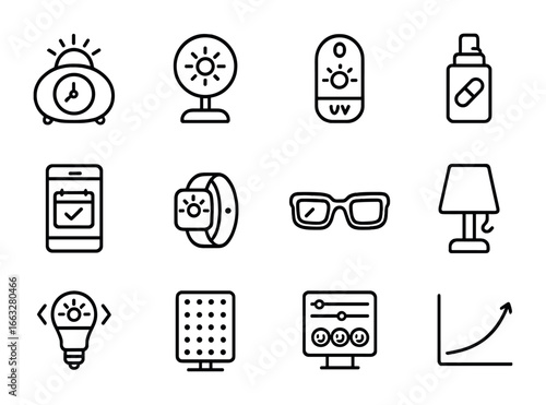 Circadian Rhythm Gadget Icons. Outline icon set of circadian rhythm gadgets: sunrise alarm clock, daylight