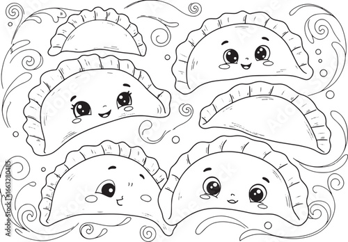 Whimsical pierogi family illustration for children's coloring bo