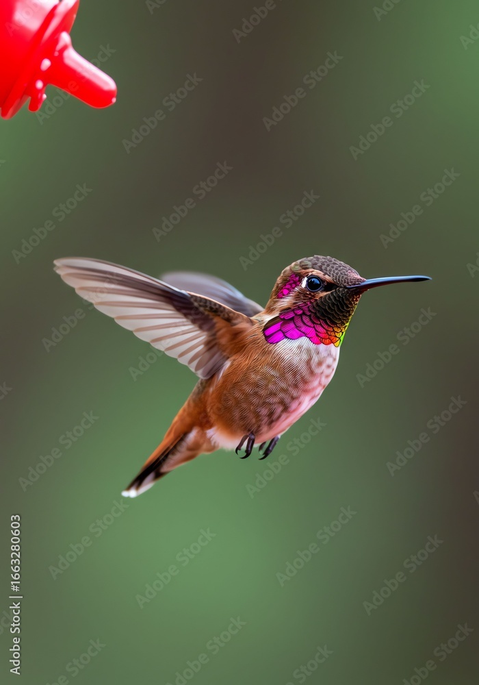 Fototapeta premium Colorful Hummingbird Flying Near Red Feeding Tube in Natural Green Background