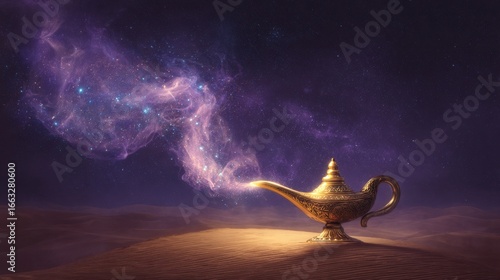 Magical genie lamp emitting mystical purple smoke in starry desert night