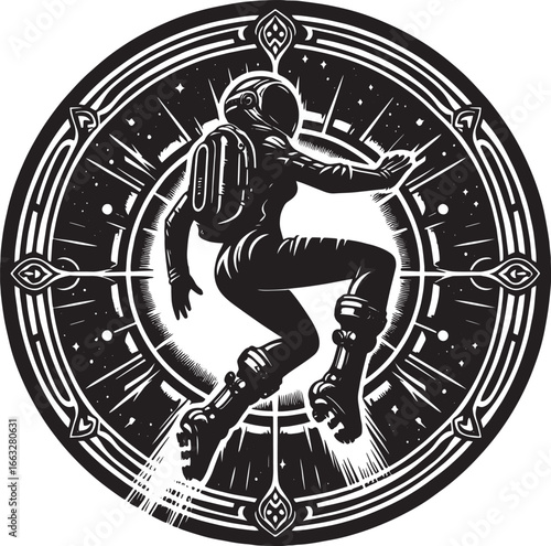 Astronaut in Space: A Vector Illustration of Exploration and Cosmic Journey within a Circular Design