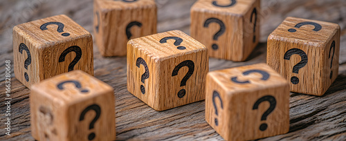 Wooden cubes with question marks arranged on table, highlighting creativity, innovation, curiosity, idea generation, and problem-solving concepts in educational and business contexts
