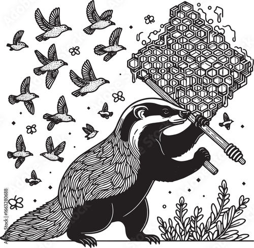 Intricate Black and White Illustration of a Mystical Figure within a Celestial Frame