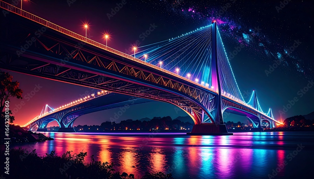 Obraz premium Vibrant Night Bridge Over River with Neon Lights.