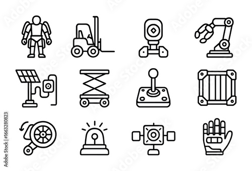 Bio-Mech Vehicle Icons. Outline icon set of bio-mech cargo vehicles: exosuit loader, adaptive forklift, weight