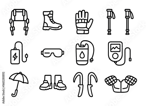 Limb-Augmentation Gear Icons. Outline icon set of limb-augmentation travel gear: climbing exo-frame,