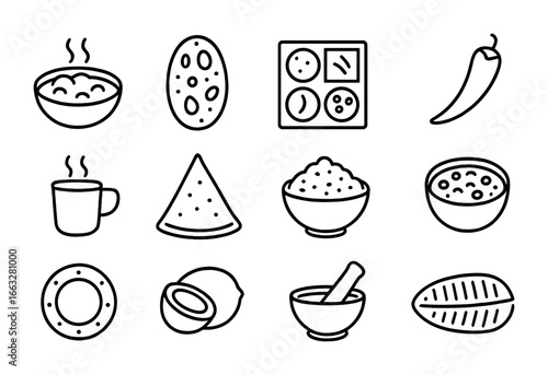 Indian Cuisine Icons. Outline icon set of Indian cuisine: curry bowl, naan bread, spice box, chili pepper,