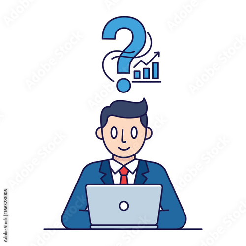 Navigating the Unknown: A focused professional, deeply engrossed in his laptop, contemplates a strategic puzzle, illustrated with a symbolic question mark. 