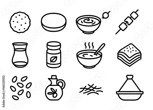 Middle Eastern Cuisine Icons. Outline icon set of Middle Eastern cuisine: falafel ball, pita bread, hummus