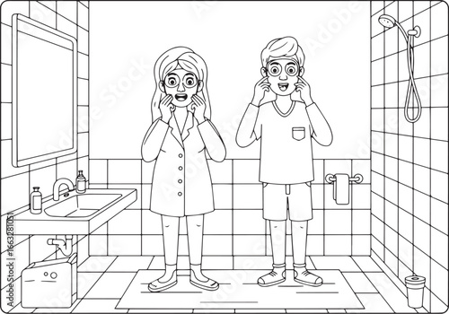 Humorous bathroom scene featuring a couple applying facial masks