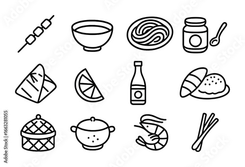 Southeast Asian Cuisine Icons. Outline icon set of Southeast Asian cuisine: satay skewer, coconut milk bowl,