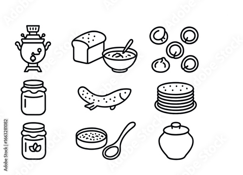 Russian Cuisine Icons. Outline icon set of Russian cuisine: samovar, black bread, borscht bowl, pelmeni