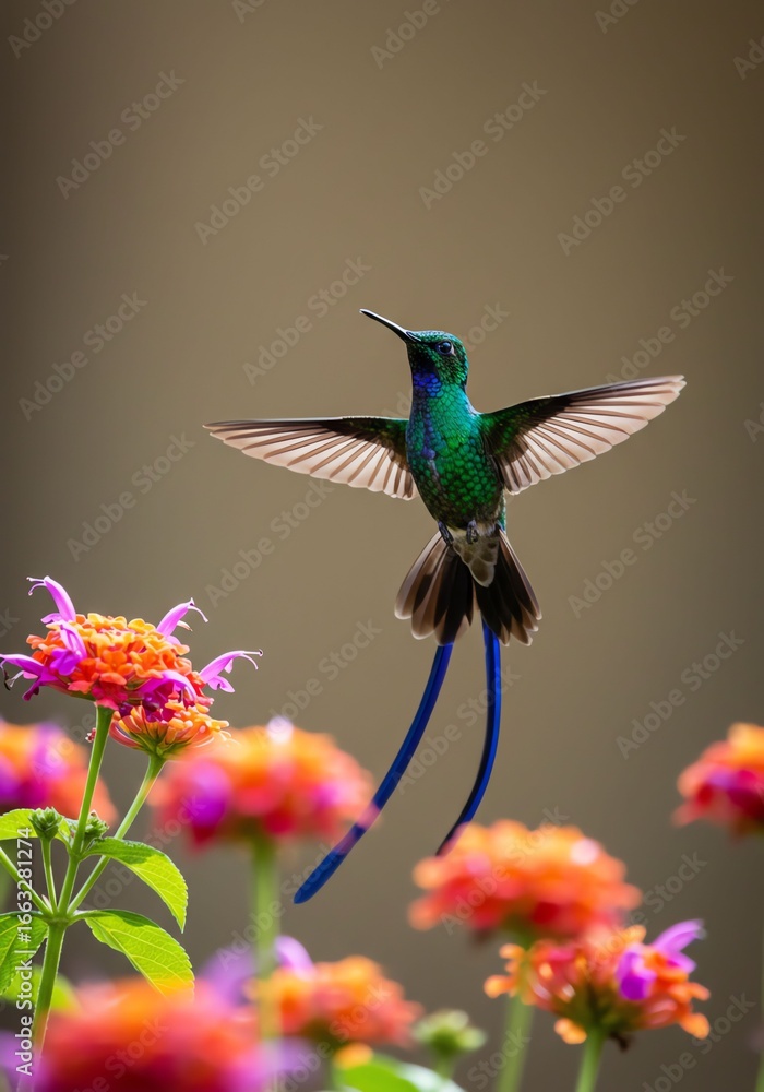 Fototapeta premium Vibrant Hummingbird Hovering Near Colorful Flowers in Natural Setting