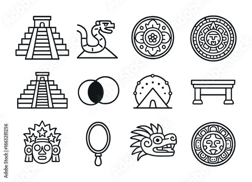 Mesoamerican Astronomy Icons. Outline icon set of Mesoamerican astronomy: pyramid observatory, serpent shadow