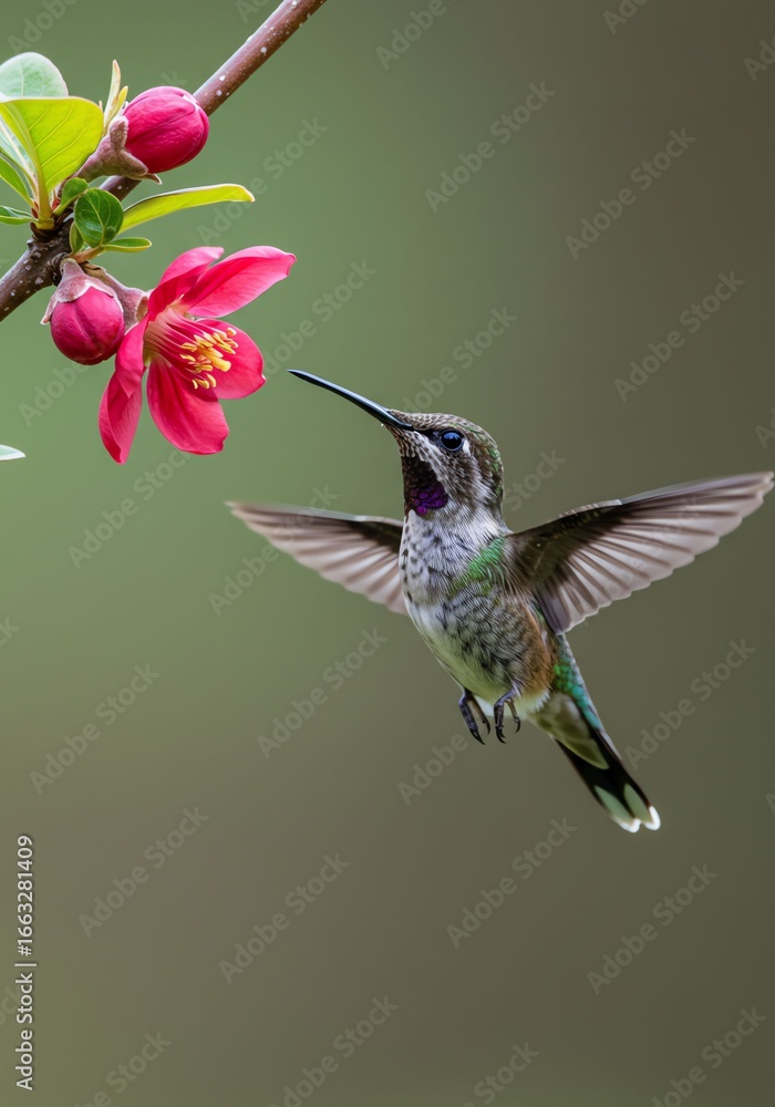 Fototapeta premium Hummingbird Feeding on Pink Flower in Nature Scene