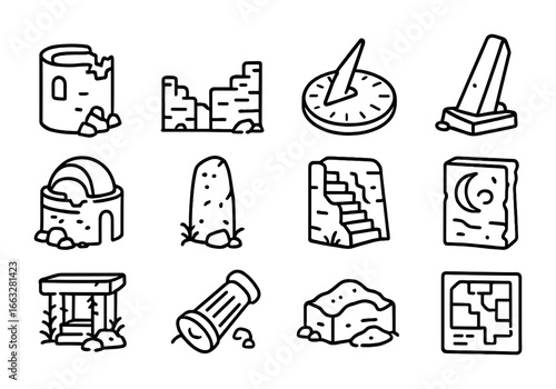 Ancient Observatories Icons. Outline icon set of lost ancient observatories: ruined tower, crumbled wall