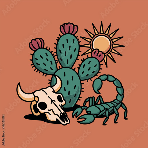 Desert Symbols with Cactus, Sun, Scorpion, and Animal Skull Illustration