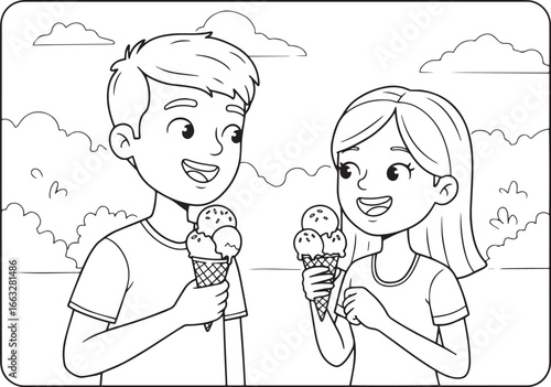 Joyful couple enjoying ice cream in an outline drawing style, su