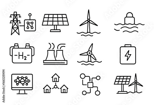 Future Energy Icons. Outline icon set of future energy systems: smart grid, solar panel array, offshore wind