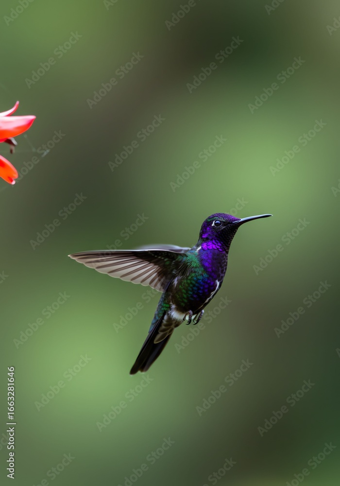 Fototapeta premium Colorful Hummingbird Hovering Near Pink Flower in Natural Green Background