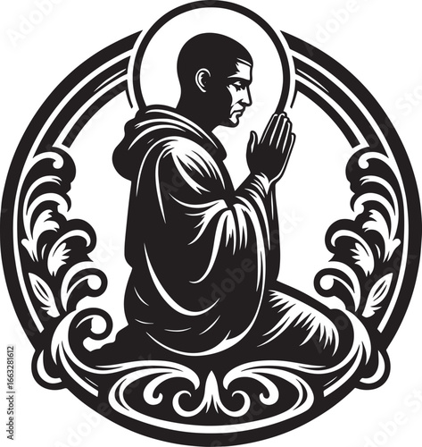 Monk praying silhouette within ornate circular frame, artistic illustration, religious symbol