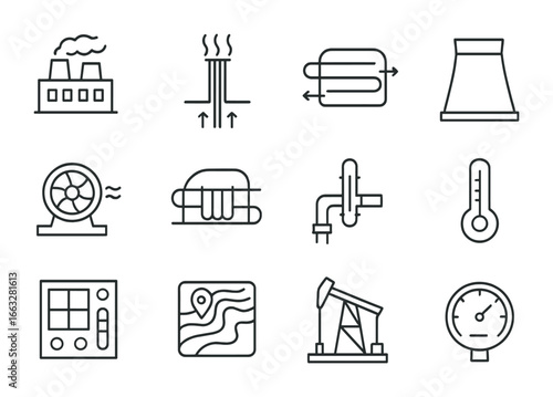 Geothermal Energy Icons. Outline icon set of geothermal energy: geothermal plant, production well, injection
