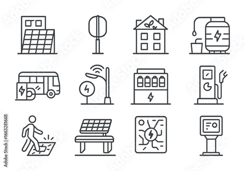 Urban Infrastructure Icons. Outline icon set of urban renewable infrastructure: building solar façade,