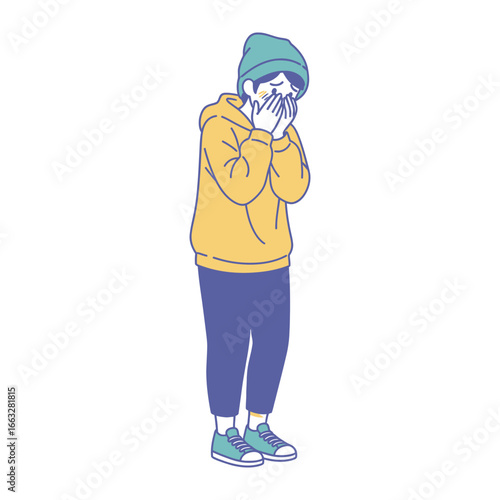 Miserable Young Individual: A young individual, clad in a warm hoodie and hat, is seen in a moment of visible misery, embodying a sense of profound loneliness and despair.