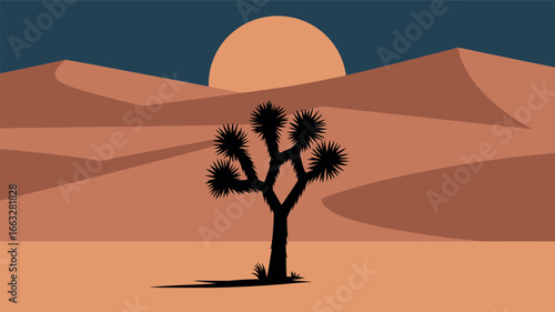 Desert Landscape with Joshua Tree and Setting Sun in vector Art