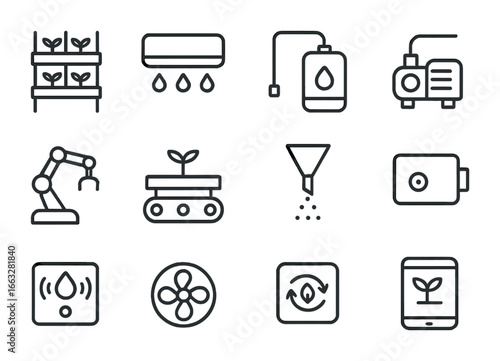 Vertical Farming Automation Icons. Outline icon set of vertical farming automation: stacked grow racks, LED