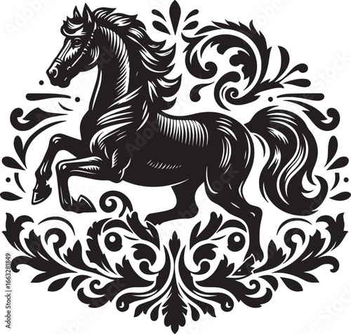 Elegant Black Horse Silhouette with Ornate Floral Design Element: Vector Illustration