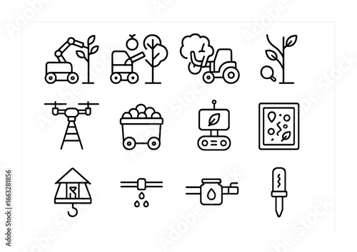 Orchard Robotics Icons. Outline icon set of orchard management robots: pruning robot, fruit picking arm, tree