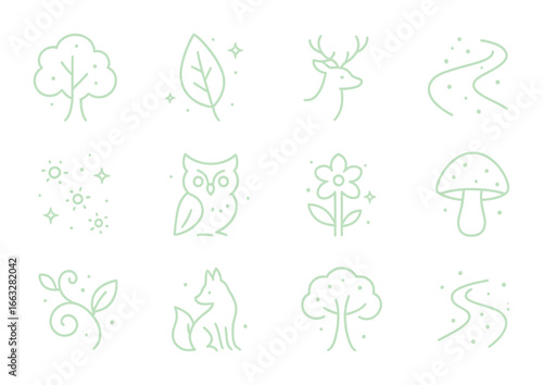 Glowing Forest Icons. Outline icon set of glowing forests: neon tree, radiant leaf, luminous deer, glowing