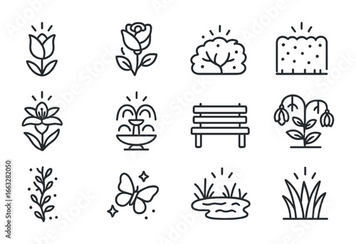 Radiant Night Garden Icons. Outline icon set of night gardens: glowing tulip, luminous rose, radiant bush,