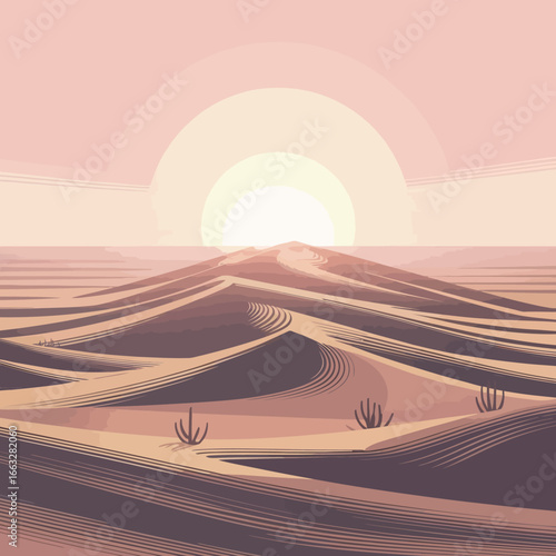 Vector Art of Desert Dunes with Sun Setting in the Background