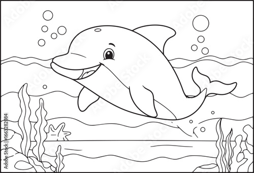Line art illustration of a smiling dolphin swimming underwater w