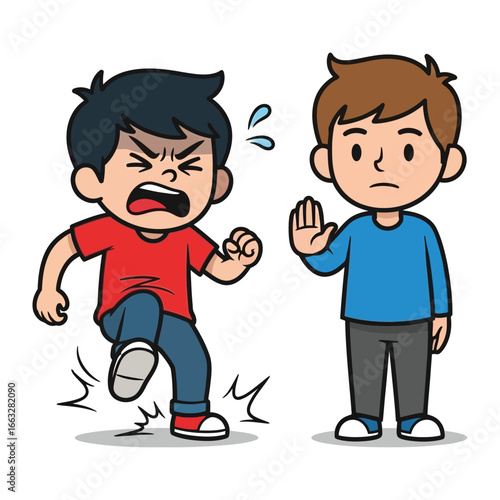 Confrontation and Stop Gesture: An illustration of two animated boys engaged in a confrontational scene, one visibly angry and aggressive, while the other raises a hand in a stop gesture.