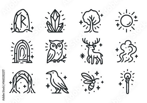 Mystical Glow Icons. Outline icon set of mystical glowscapes: glowing rune stone, radiant crystal, luminous