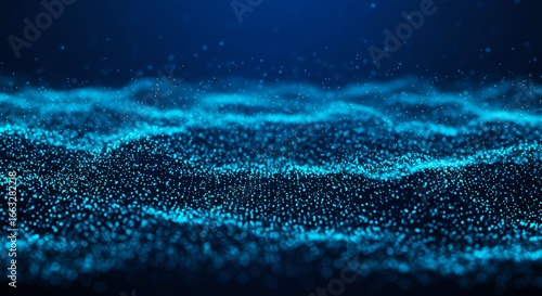 Abstract Blue Digital Data Particles Flowing in Dark Background