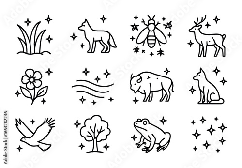 Bioluminescent Prairie Icons. Outline icon set of prairie bioluminescence: glowing grass, radiant fox,