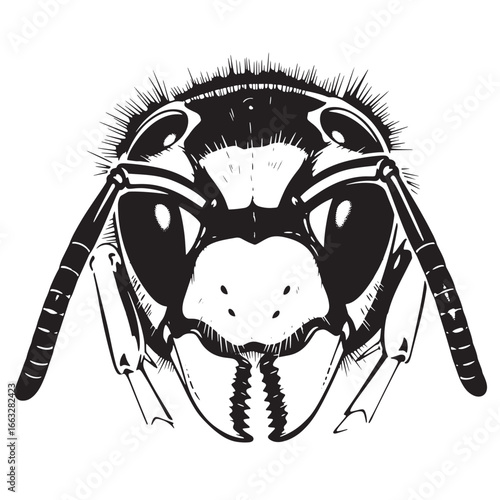 Close-up black and white illustration of a wasp's head, showcasing intricate details of its eyes, antennae, and mandibles.