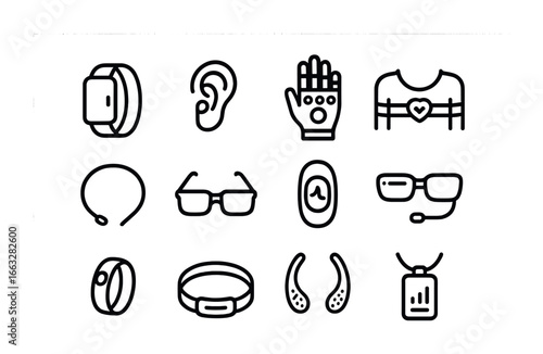 Wearable Audio Tech Icons. Outline icon set of wearable music tech: smart bracelet, ear implant, bio glove,